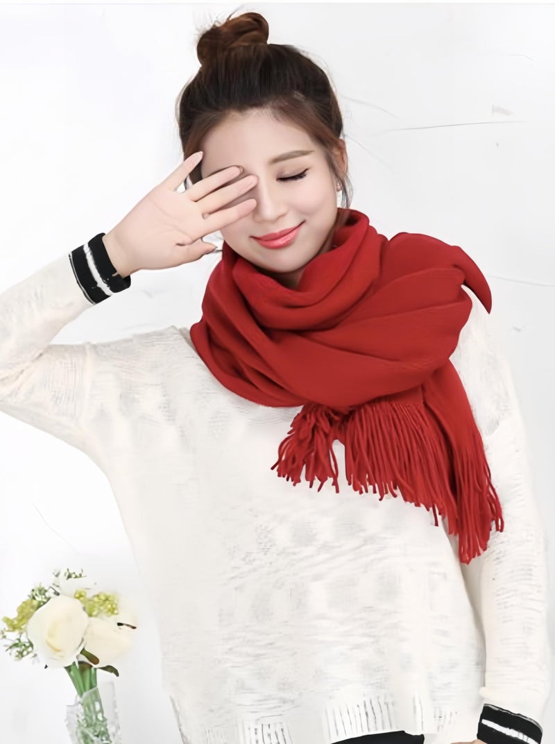 Wander Agio Women's Wraps Warm Long Scarves Winter Scarfs Pure Color Scarf Tassel Wine Red - Image 2
